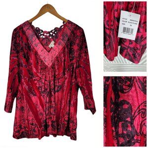 Vintage NEW Y2K Live & Let Live Tunic Top Plus Size 3X Velvet Red Rock Romantic